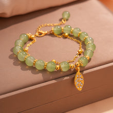Green Jade Bracelet with Gold Color Leaves