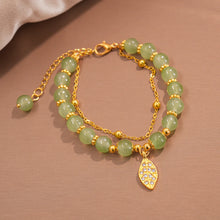 Green Jade Bracelet with Gold Color Leaves