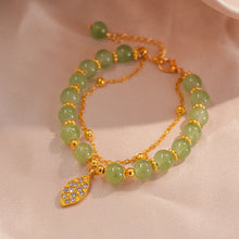 Green Jade Bracelet with Gold Color Leaves