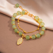 Green Jade Bracelet with Gold Color Leaves