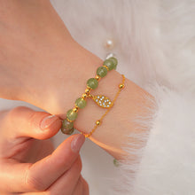 Green Jade Bracelet with Gold Color Leaves